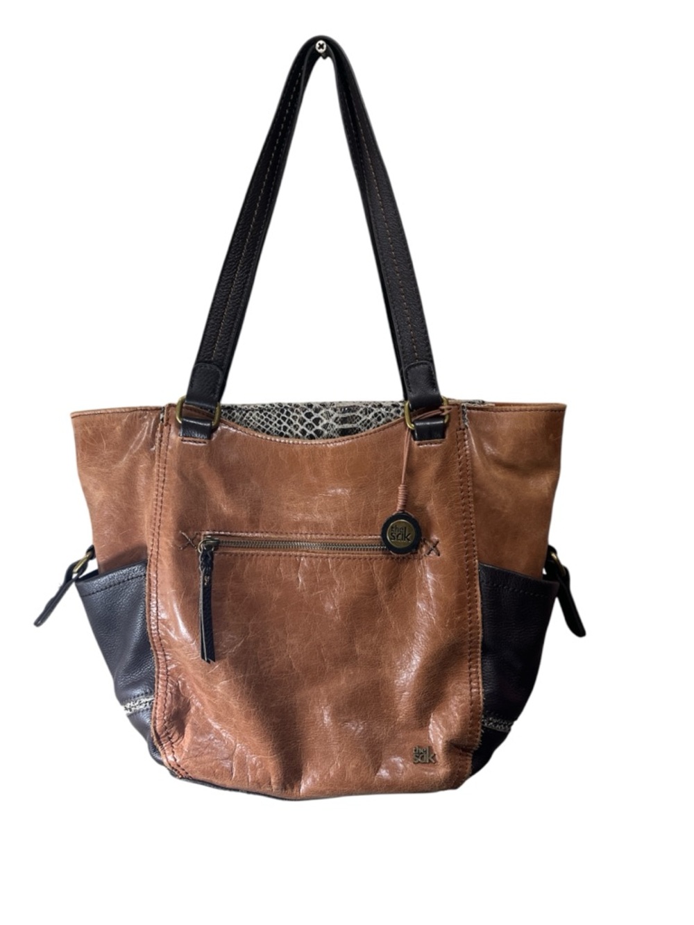 The Sak Brown and Black Leather Tote with Snake-Print Trim